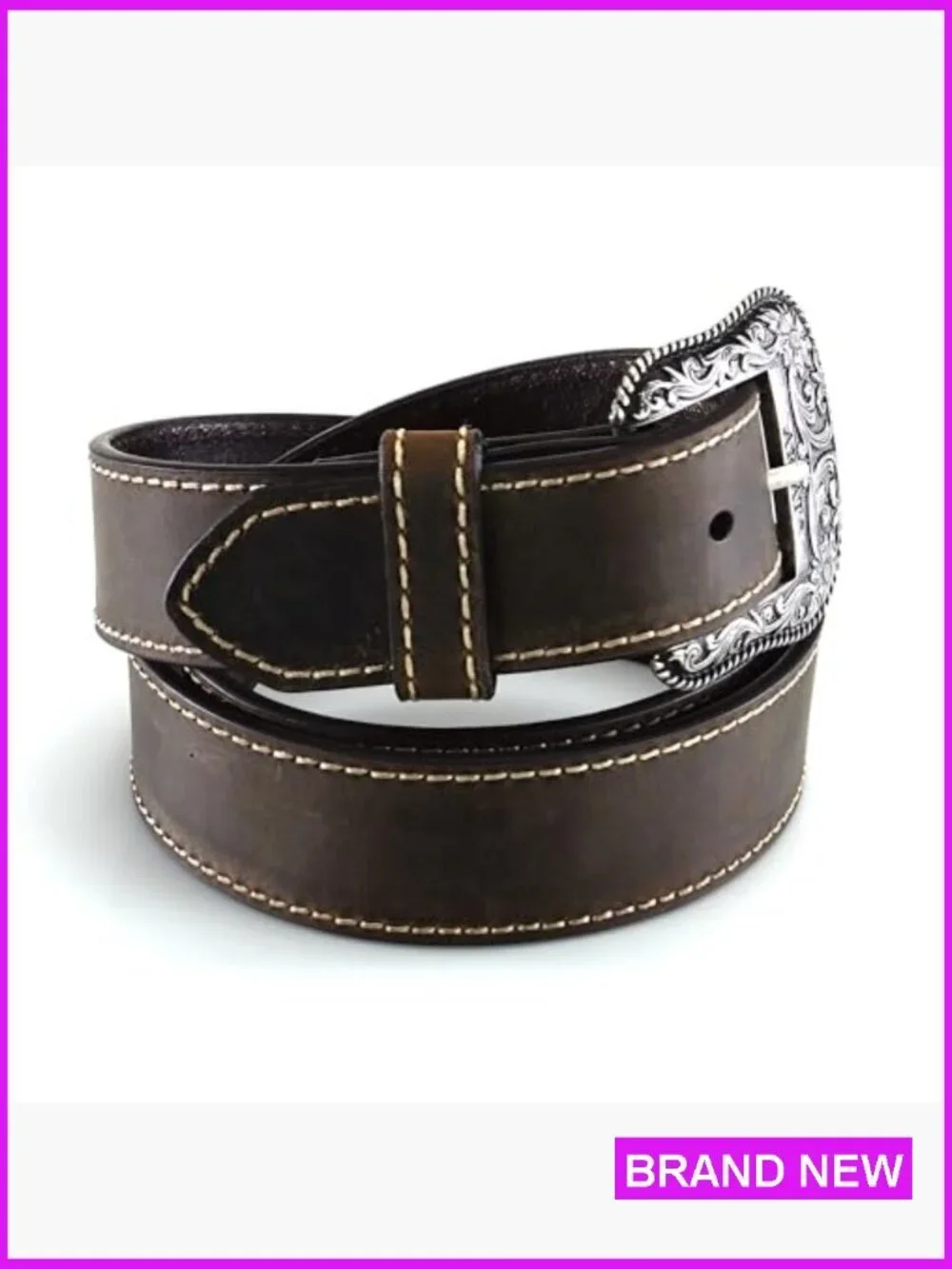 Genuine Leather Western Belt Heavy Stitch Floral Buckle Classic Rugged Feminine